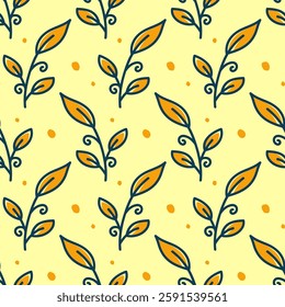 Seamless Pattern with Hand-Drawn Leaves and Dots on Yellow Background