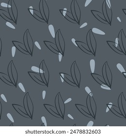 Seamless Pattern with Hand-Drawn Leaves. Foliage Romantic Vector Tile on Dark Background for Textile, Wrapping Paper, Nature Designs, Covers, Banners. Scandinavian Style.