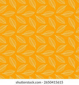 Seamless pattern with hand-drawn leaves on yellow background. Simple autumn foliage design for fabric, wallpaper, wrapping paper, or seasonal decoration. Flat botanical illustration.
