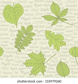 Seamless pattern with hand-drawn leaves and text