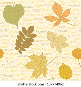 Seamless pattern with hand-drawn leaves and text
