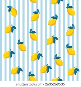 Seamless pattern with hand-drawn lemons and blue leaves on blue striped background. Summer fruit kitchen decor vector illustration