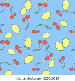 Seamless pattern with hand-drawn lemons and cherries