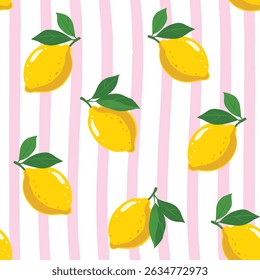Seamless pattern with hand-drawn lemons and green leaves on pink striped background. Summer fruit kitchen decor vector illustration