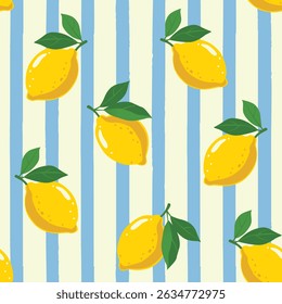 Seamless pattern with hand-drawn lemons and green leaves on blue striped background. Summer fruit kitchen decor vector illustration