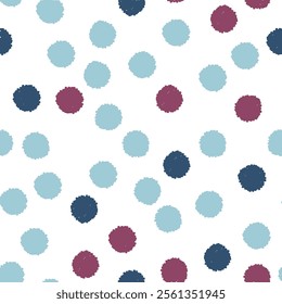 Seamless pattern of hand-drawn light blue, dark navy, and burgundy polka dots on white background.