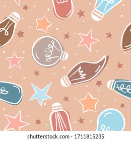 Seamless pattern of hand-drawn light bulbs. Hand made lamps for decorating kids' posters, web and applications. Vector doodle style illustration on electricity, decor and good ideas.