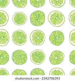 Seamless pattern with hand-drawn linear art cut limes on a white background