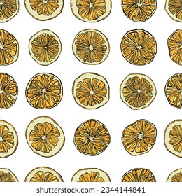 Seamless pattern with hand-drawn linear art cut oranges on a white background
