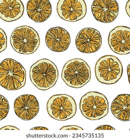Seamless pattern with hand-drawn linear art cut oranges on a white background