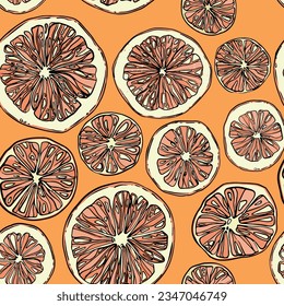 Patrón sin brillo con pomelos de corte lineal dibujados a mano sobre fondo naranja