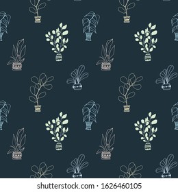 Seamless pattern of hand-drawn linear houseplants.
Cute vector linear light flowerpots with flowers on a dark blue background. For wrappers, fabrics, wallpapers, postcards
