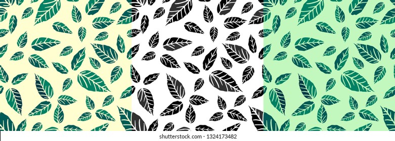 Seamless pattern, hand-drawn. Listyev three colors-yellow, green and white background.