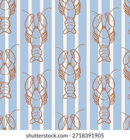 Nahtloses Muster mit handgezeichneten Hummern auf gestreiftem Hintergrund. Handgezeichnete Vektorgrafik zum Verpacken von Papier, Textilien, Stoff.