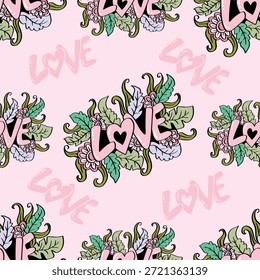 Padrão perfeito com letras de amor desenhadas à mão e elementos florais. Dia dos Namorados.