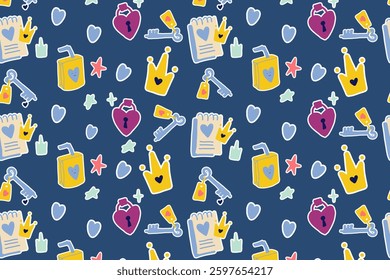 Seamless pattern with hand-drawn love symbols: crowns, keys, locks, hearts, and documents on a dark blue background. Playful romantic doodle design for wrapping paper, textiles, and wallpapers.