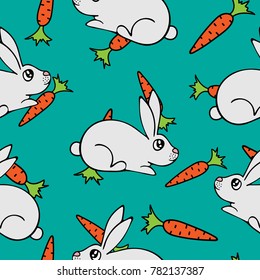 Seamless pattern with hand-drawn lovely hares and carrots.