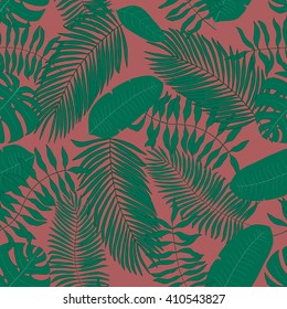 Seamless pattern with hand-drawn Lush Medow colored tropical leaves. Dusty Cedar background