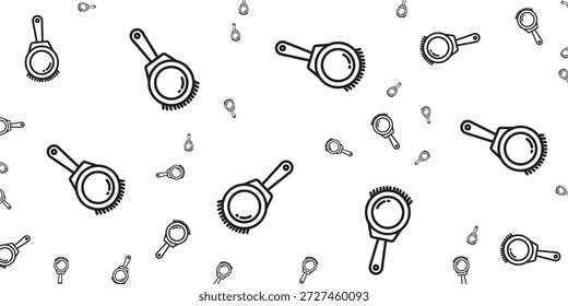 Ein nahtloses Muster aus handgezeichneten Lupen mit Bürstenelementen, die auf weißem Hintergrund verstreut sind. Die einfachen, skizzierten Illustrationen schaffen eine spielerische, grafische Textur.