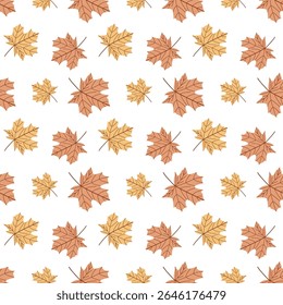 Seamless pattern with hand-drawn maple leaves in warm autumn colors. Perfect for fall-themed designs and seasonal products. Stylish, cozy and elegant.