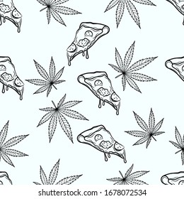 A seamless pattern of hand-drawn marijuana leaves and pizza slices with dripping cheese. Black and white line art vector background illustrating stoner culture and munchies.