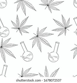 A seamless pattern of hand-drawn marijuana leaves and glass water pipe bongs. Black and white line art vector background of cannabis smoking accessories.