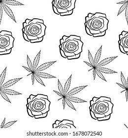 A seamless pattern of hand-drawn marijuana leaves and blooming rose flowers. Black and white line art vector background, perfect for tattoo style designs or streetwear.