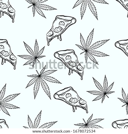A seamless pattern of hand-drawn marijuana leaves and pizza slices with dripping cheese. Black and white line art vector background illustrating stoner culture and munchies.