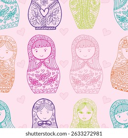 Seamless pattern of hand-drawn matryoshka dolls with hearts and floral details
