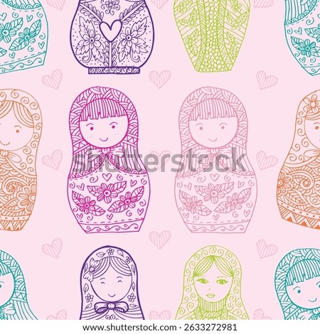 Seamless pattern of hand-drawn matryoshka dolls with hearts and floral details