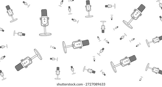 Un patrón sin fisuras de micrófonos dibujados a mano esparcidos sobre un fondo blanco, creando una sensación retro o artística.