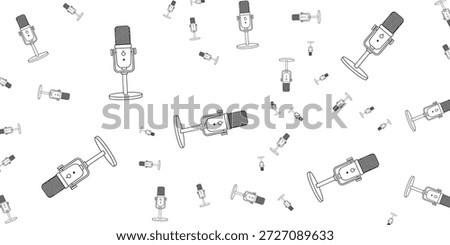 A seamless pattern of hand-drawn microphones scattered across a white background, creating a retro or artistic feel.