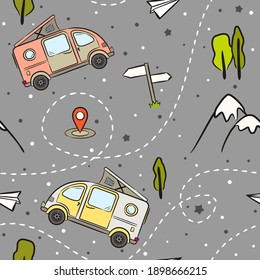 Seamless pattern of Hand-drawn minivans, mountains and trees. Retro bus. Vector illustration on the theme of travel, caravanning, camping, hiking and motorhomes.