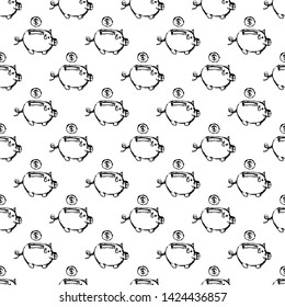 Seamless pattern Handdrawn money box pig doodle icon. Hand drawn black sketch. Sign symbol. Decoration element. White background. Isolated. Flat design. Vector illustration.