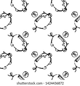 Seamless pattern Handdrawn money box pig doodle icon. Hand drawn black sketch. Sign symbol. Decoration element. White background. Isolated. Flat design. Vector illustration.