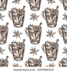 Seamless pattern of hand-drawn mug with mulled wine in sketch style. Vector food drawing. A warming drink. Traditional Christmas drink. Vintage cozy seasonal holidays. Good for menu.