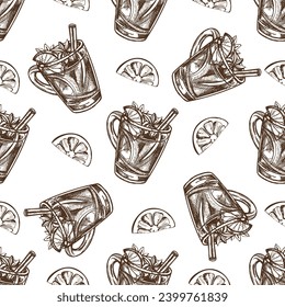 Seamless pattern of hand-drawn mug with mulled wine in sketch style. Vector food drawing. A warming drink. Traditional Christmas drink. Vintage cozy seasonal holidays. Good for menu.