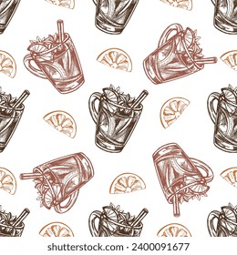 Seamless pattern of hand-drawn mug with mulled wine in sketch style. Vector food drawing. Traditional Christmas drink. Vintage cozy seasonal holidays. Good for menu.