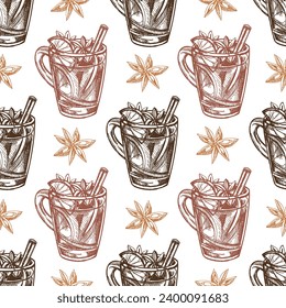 Seamless pattern of hand-drawn mug with mulled wine in sketch style. A warming drink. Traditional Christmas drink. Vintage cozy seasonal holidays. Good for menu.