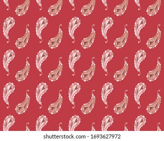 Seamless pattern of hand-drawn multi-colored paisley with flowers inside on a bright red background. Fashionable oriental design. For fabric, clothing, fashion, wrapping paper, scrapbooking. Vector.