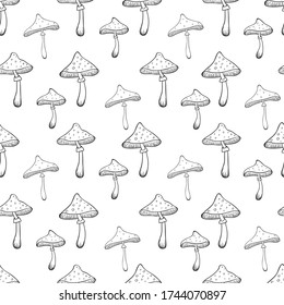 Patrón sin foco con setas dibujadas a mano aisladas en fondo blanco. Esbozo de Amanita. Ilustración del vector