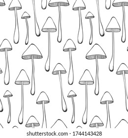 Seamless pattern with hand-drawn mushrooms isolated on white background. Vector illustration