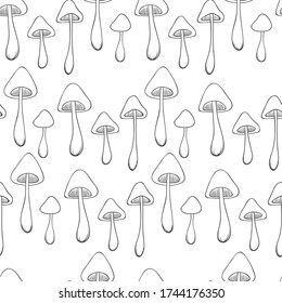 Seamless pattern with hand-drawn mushrooms isolated on white background. Vector illustration