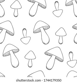 Seamless pattern with hand-drawn mushrooms isolated on white background. Vector illustration