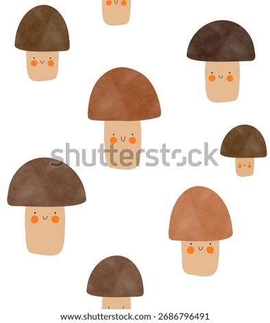 Seamless Pattern of Hand-Drawn Mushrooms on White Background. Happy smiling brown mushrooms isolated on a white backdrop. Ideal for fabrics, textiles,wallpapers.Infantile style drawing of boletus. RGB