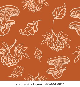 Seamless pattern with hand-drawn mushrooms, rowan berries, and oak leaves, fall harvest vector illustration.