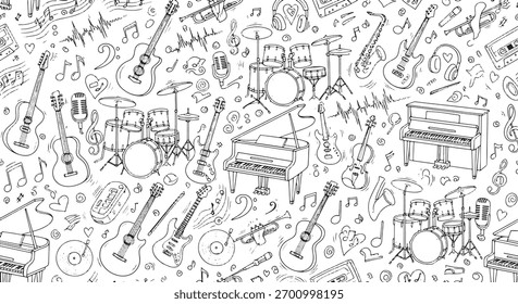 Un patrón sin fisuras de instrumentos de música dibujados a mano sobre un fondo blanco. Perfecto para añadir un toque de música a cualquier proyecto. Úselo para el Fondo de pantalla, la tela o cualquier necesidad de diseño.