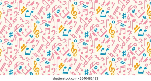 Seamless pattern of hand-drawn music notes in pink, orange, and blue on off-white background. A cheerful and modern design celebrating rhythm and color. Ideal for music-themed prints, stationery.