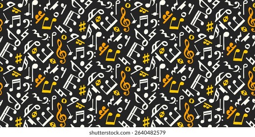 Seamless pattern of hand-drawn music notes and symbols in white and yellow on black background. A bold and modern design combining rhythm, melody, and visual harmony. Ideal for music-themed textiles