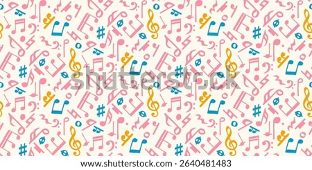 Seamless pattern of hand-drawn music notes in pink, orange, and blue on off-white background. A cheerful and modern design celebrating rhythm and color. Ideal for music-themed prints, stationery.